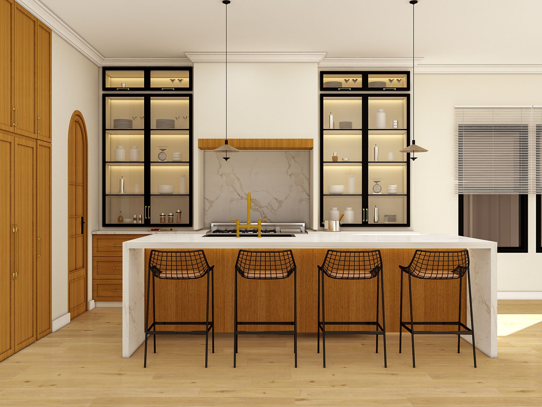 Elegant modern kitchen interior featuring wooden cabinetry, marble countertop, and sleek lighting in Riverside, CA